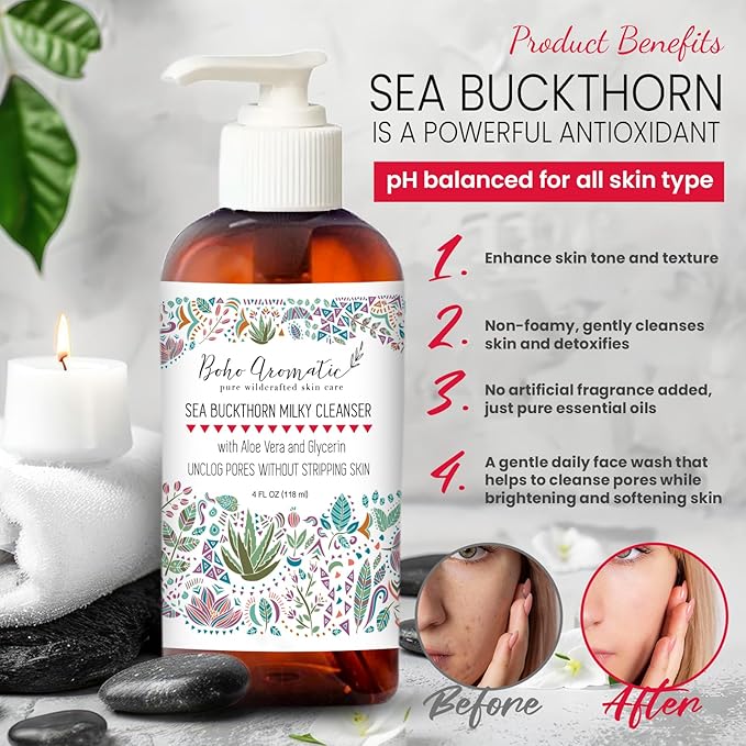 Sea Buckthorn Milky Face Wash – Gentle Daily Facial Cleanser with Aloe Vera – Brightening, Non-Drying, pH-Balanced Formula for Sensitive Skin & Pores – Natural Hydrating Skincare