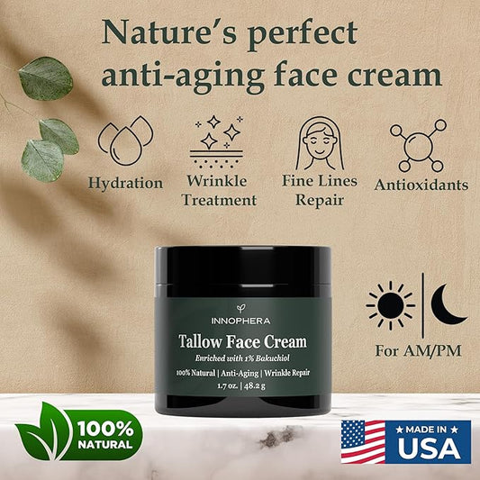 Whipped Beef Tallow Face Anti-Aging Cream ‒ With 1% Bakuchiol ‒ 100% Natural Wrinkle Repair & Moisturizing Face Cream for Sensitive Skin ‒ Unscented ‒ 1.7 oz.