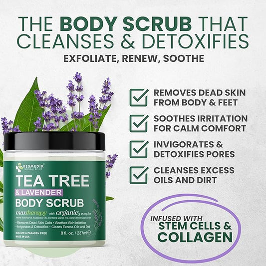 Tea Tree Oil Body & Foot Scrub, Himalayan Salt Exfoliating Scrub, with Stem Cells, Collagen & Shea Butter, Lavender Scent, Moisturizes, Removes Dead Skin, Rough Patches & Impurities.