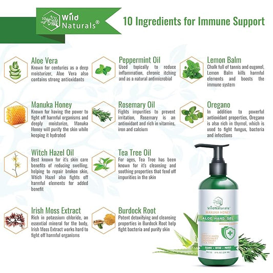 Pure Aloe Vera Gel Hand Cleaner - 100% Aloe Vera Gel Organic with Manuka Honey, Witch Hazel, Peppermint, Oregano, Rosemary, & Cleansing Tea Tree - Organic Waterless Purifying Wash