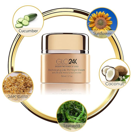 GLO24K Night Cream with 24k Gold, Retinol, Vitamins, and Hyaluronic Acid. Optimally Hydrate your Skin while you sleep.