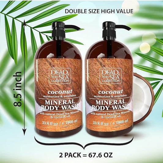 Dead Sea Collection Coconut Body Wash for Women and Men - with Pure Dead Sea Minerals and Coconut Oil - Cleanses and Moisturizes Skin - Pack of 2 (67.6 fl. oz)