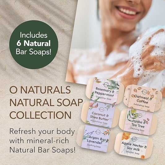 O NATURALS 100% Natural Bar Soap - Gift Set - Organic Ingredients & Essential Oils - Spa Gifts for Women & Men, Body Wash & Face Soap - 6PC Natural Collection