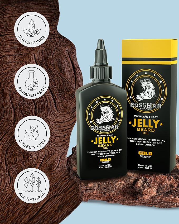 Bossman Jelly Beard Oil for Men (4 oz, Gold Scent) – Softens, Moisturizes & Conditions with Natural Ingredients