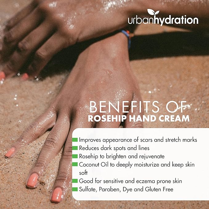 Urban Hydration Rosehip Hand Cream – With Coconut Oil & Vitamin E – Brightens Skin, Deeply Hydrates – Non-Greasy Formula – Ideal for Dry & Sensitive Skin – 4 FL Oz
