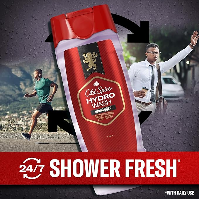 Old Spice Moisturizing Body Wash for Men, Hydro Wash, 2-in-1 Long Lasting Scent & Deep Hydration, 24/7 Shower Fresh, Smoother Swagger Scent, 16 oz (Pack of 4)