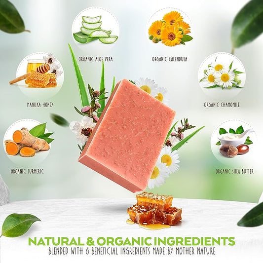 Turmeric and Manuka Honey Soap Bar for Body & Face, Natural Turmeric Soap with Organic Aloe Vera, Shea Butter & Calendula - Gentle For All Skin Types, Unscented 4.5 oz Bar.