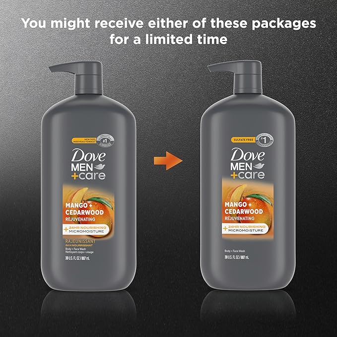 DOVE MEN + CARE body and face wash rejuvenating mango + cedarwood for Men, with 24-Hour Nourishing Micromoisture Technology, 30 oz
