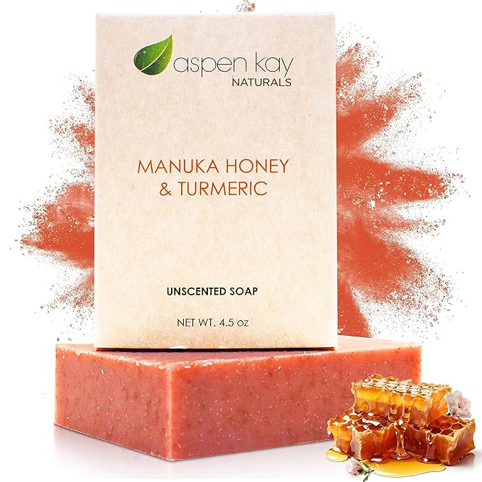 Turmeric and Manuka Honey Soap Bar for Body & Face, Natural Turmeric Soap with Organic Aloe Vera, Shea Butter & Calendula - Gentle For All Skin Types, Unscented 4.5 oz Bar.