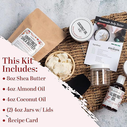 Shea Butter Body Butter Making Kit - DIY Kits for Adults (Raw Shea Butter, Almond Oil, Coconut Oil, 2 Jars) & Recipe Card with Link to Video Tutorial - Natural Whipped Body Lotion Making Kit
