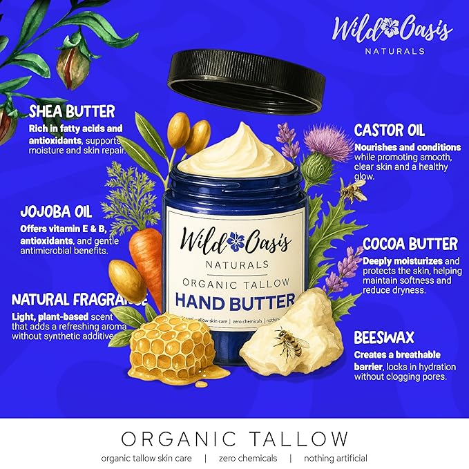 Organic Beef Tallow Hand Butter Cream – Hand Cream with Honey & Shea Butter, Moisturizing Cream, Grass Fed Beef Tallow, Natural Hand Moisturizer for Dry Skin, 4oz