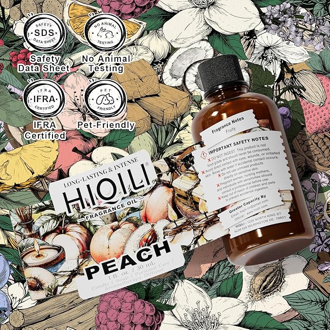 HIQILI Peach Fragrance Oil for Home Diffuser, DIY Candle, Linen & Room Freshener Spray Making, Juicy Fruit Scents - 1 Fl Oz