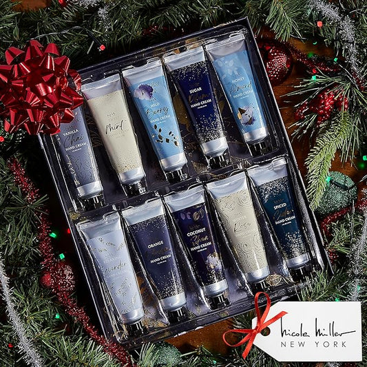 Nicole Miller New York 10-Piece Festive Fragrance Hand Cream Collection - 30ml Each Bottle, Ultra Hydrating Luxury for Your Hands, Navy Floral
