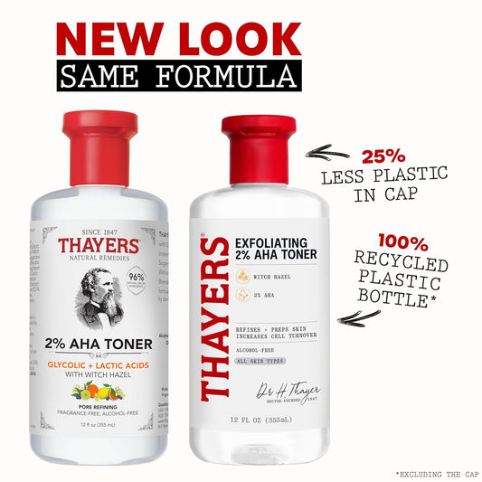 2% AHA Exfoliating Toner with Glycolic Acid, Lactic Acid & Witch Hazel – Gentle Chemical Exfoliant for Face, Smooth & Glowing Skin, Pore Refining & Brightening Toner for All Skin Types – 12 Fl Oz