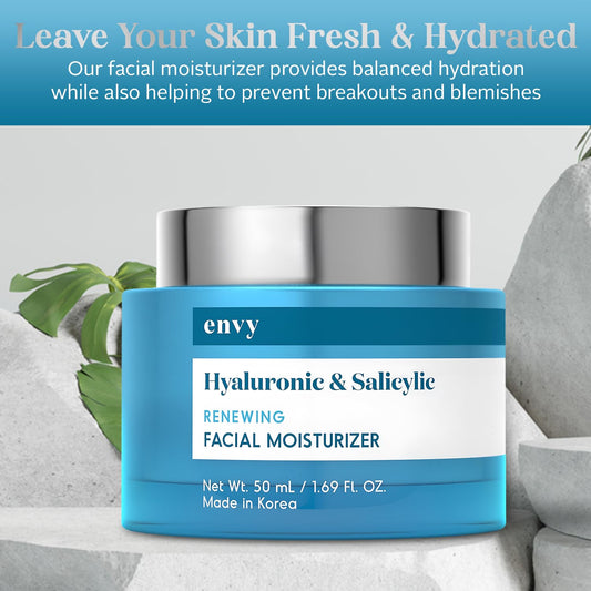 Hydrating Face Cream with Hyaluronic & Salicylic Acid – Lightweight Daily Moisturizer for Blemish-Prone Skin, Fine Lines & Dryness – Gentle Formula, 1.69 oz