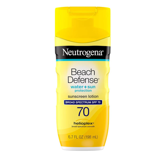Sunscreen Lotion Beach Defense SPF 70, 6.7 Fl Oz, Face and Body Sunscreen, Oil Free, Fast Absorbing, Oxybenzone Free Sun Care